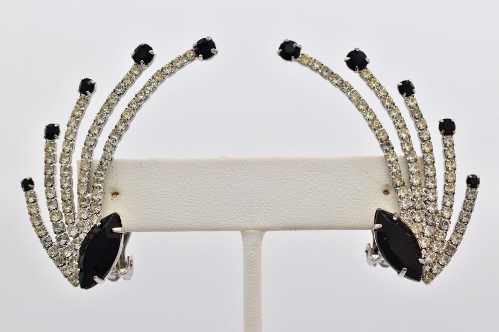 Vintage Black Rhinestone Spray Climber Clip On Earrings Silver Statement BinAI